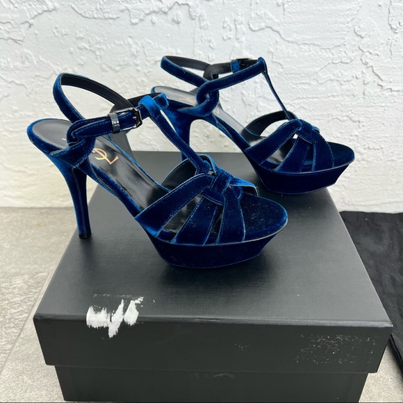 YSL Yves Saint Laurent Tribute 75 Heel Sandal in Bluette Blue Velvet 35.5 - Picture 4 of 10